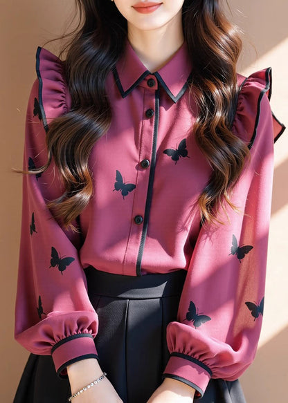 Rose Peter Pan Collar Print Ruffled Chiffon Shirt Tops Fall
