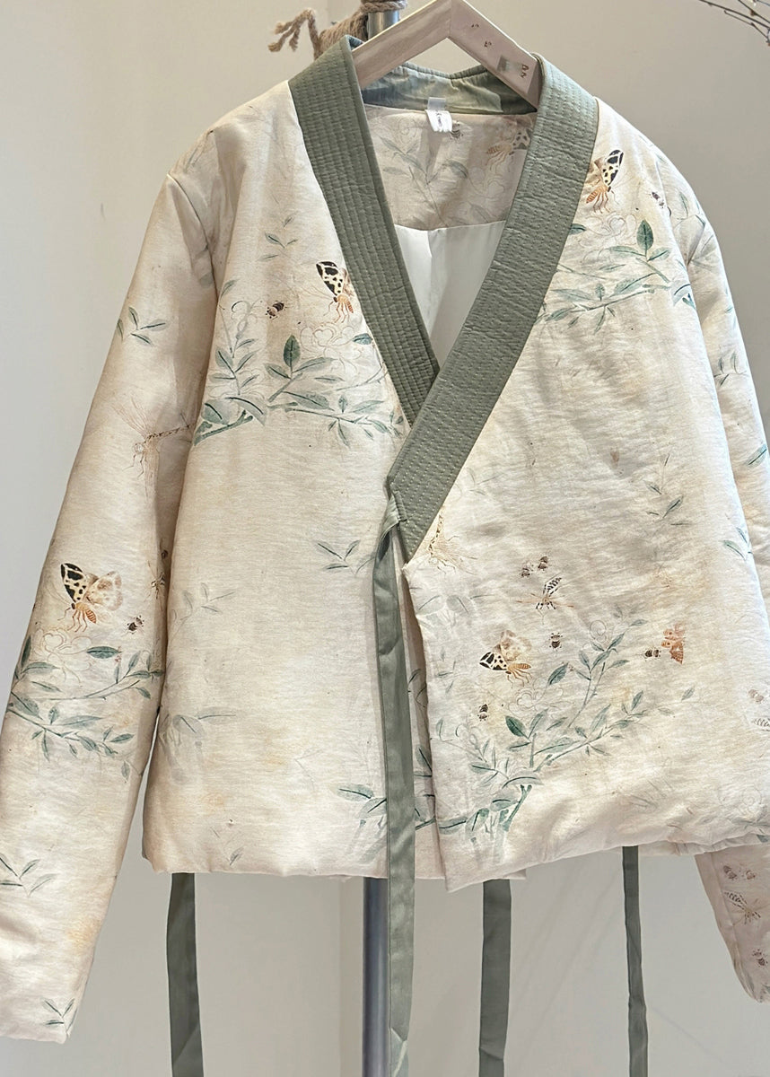 Beige V Neck Lace Up Fine Cotton Filled Coats Spring
