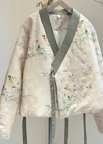 Beige V Neck Lace Up Fine Cotton Filled Coats Spring