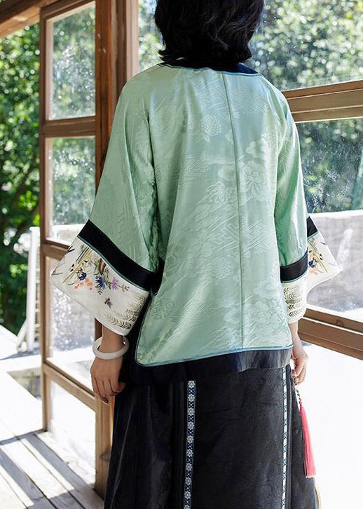Light Green O-neck Patchwork Print Silk Shirt Tops Spring