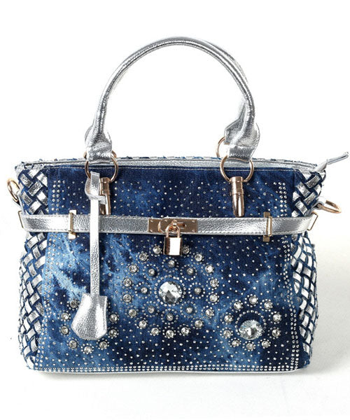 Navy Rhinestone Large Capacity Denim Tote Handbag
