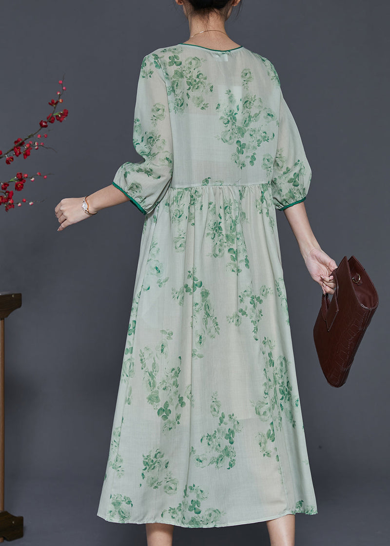 Green Print Linen Long Dress Bracelet Sleeve