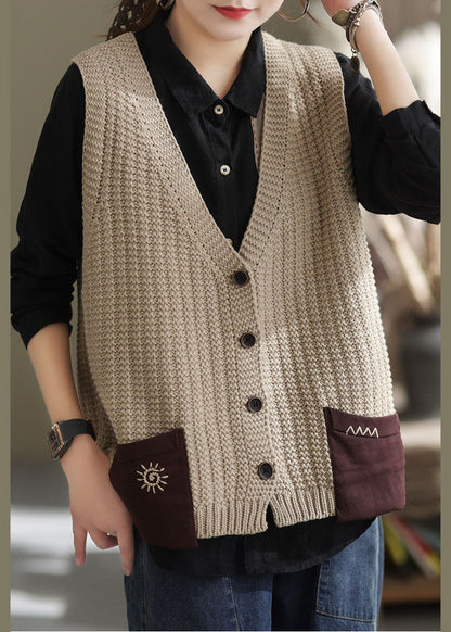 Khaki Oversized Patchwork Pockets Knit Vest Sleeveless