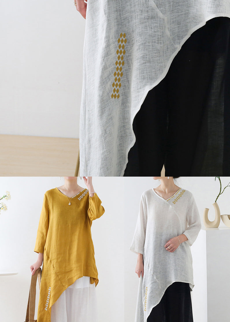 French White V Neck Embroideried Linen Shirt Tops Three Quarter Sleeve