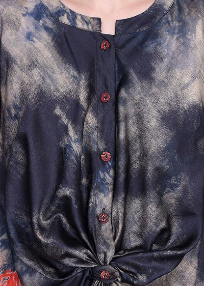 Blue Print Low High Design Long Shirts Wide Leg Two Pieces Set