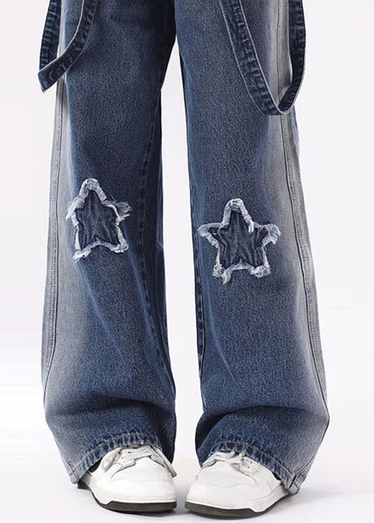 Blue Pockets Patch Denim Straight Pants Spring