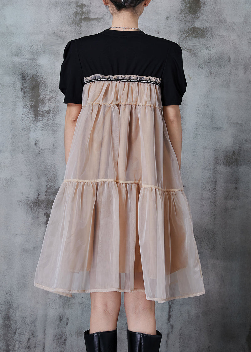 Khaki Oversized Patchwork Tulle Tea Dress Summer