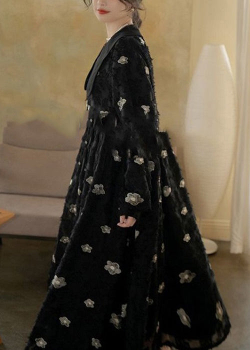 Black Peter Pan Collar Embroideried Cotton Long Dress Spring