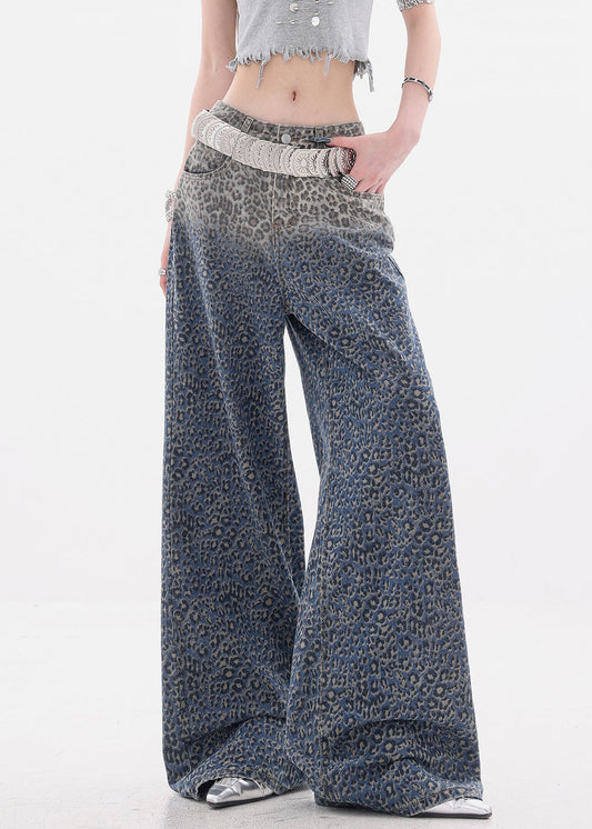 Gradient Color Leopard High Waist Denim Wide Leg Pants Fall