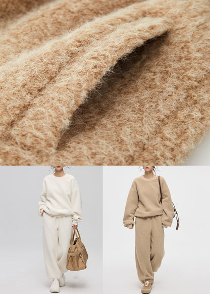 Khaki Button Scarf Sweatshirt and Pants Teddy Faux Fur Three Pieces Set O-neck