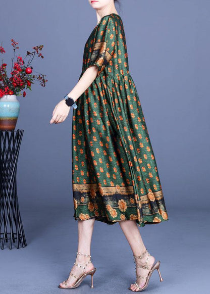 Green Print Silk Cinched Dress Summer