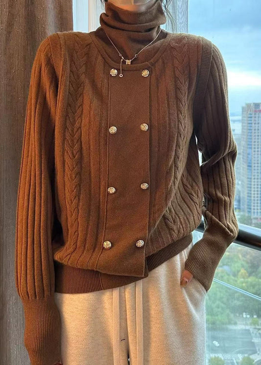 Diy Chocolate Turtle Neck Patchwork Thick Knit Knitted Tops Winter