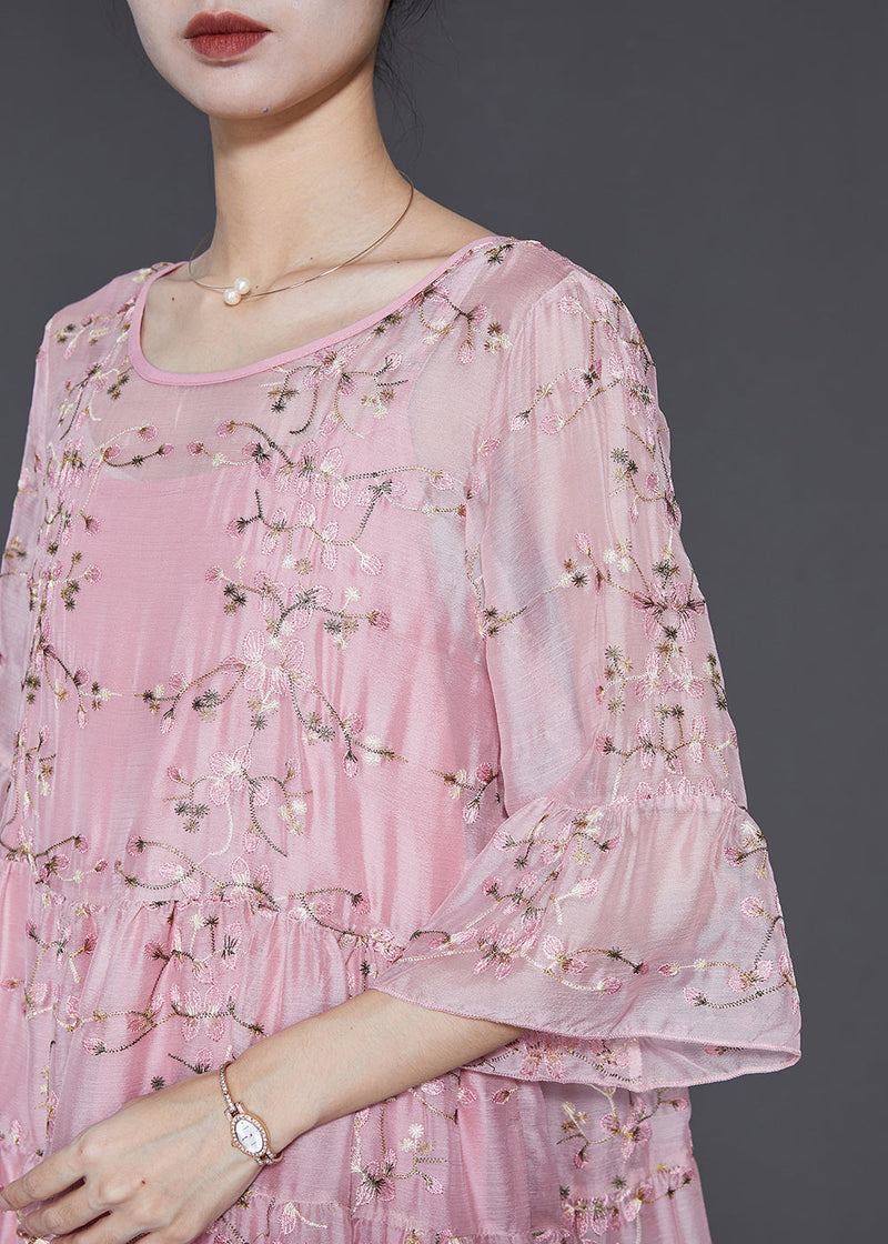 Pink Embroidered Silk Party Dress Bracelet Sleeve