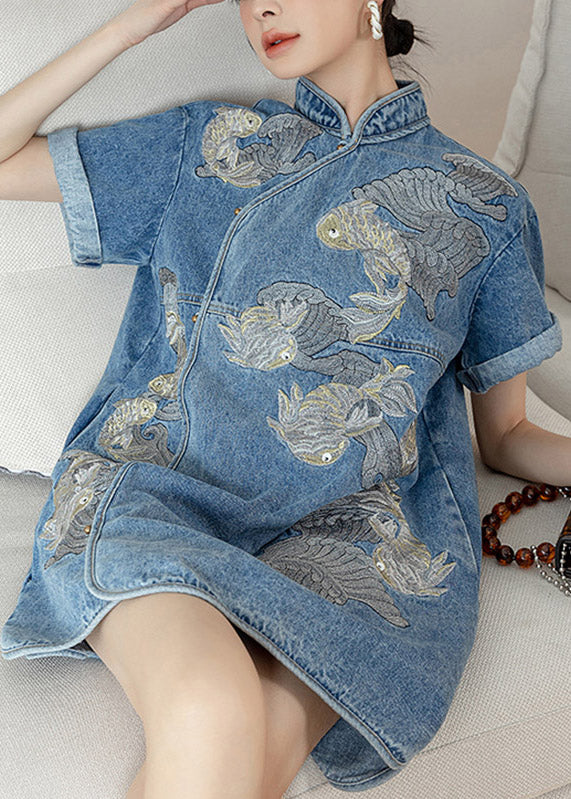 Unique Blue Stand Collar Embroideried Side Open Button Cotton Denim Mid Dress Short Sleeve
