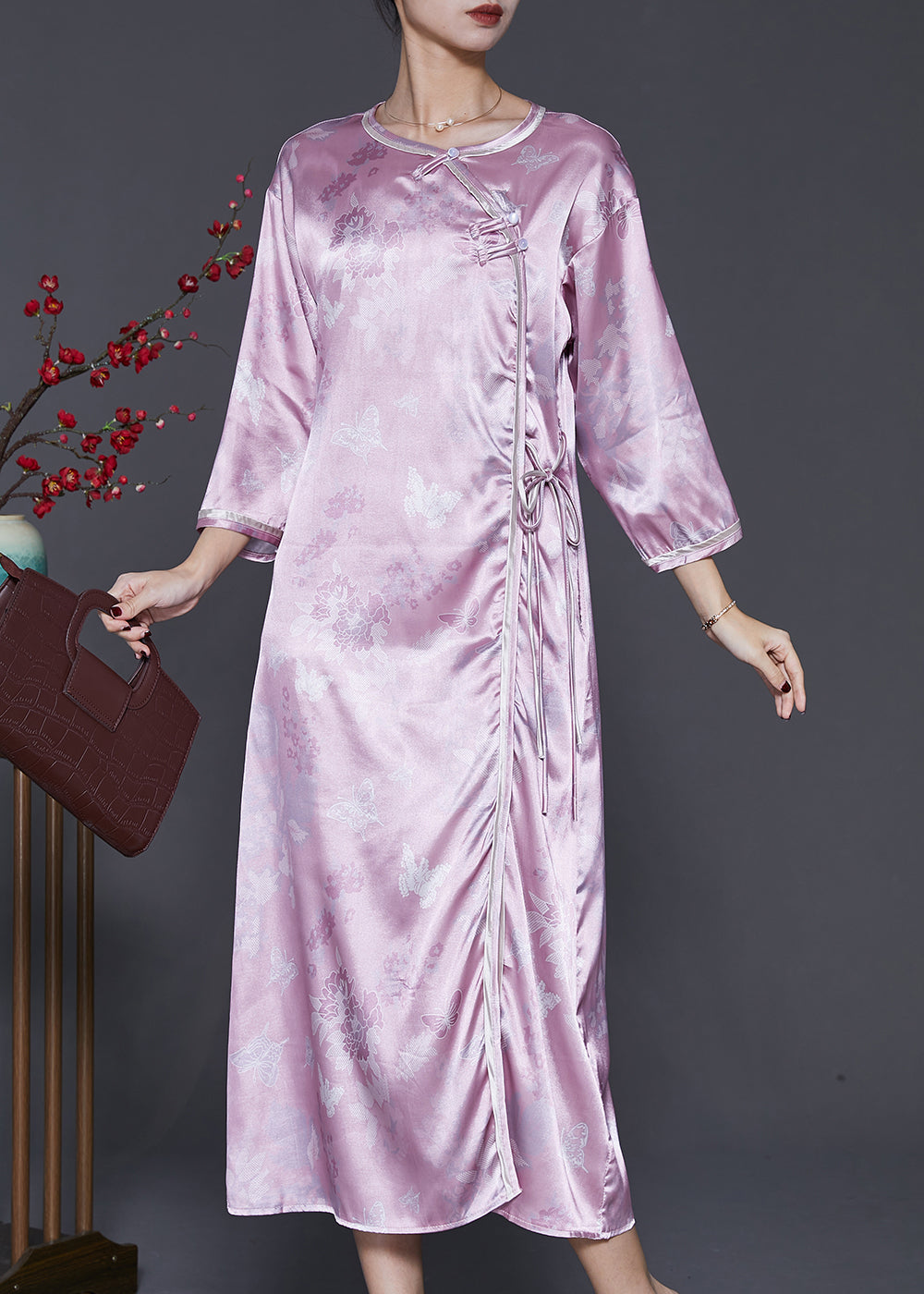 Purple Jacquard Oriental Silk Maxi Dresses Bracelet Sleeve