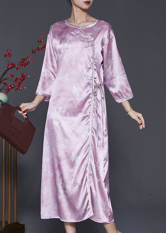 Purple Jacquard Oriental Silk Maxi Dresses Bracelet Sleeve