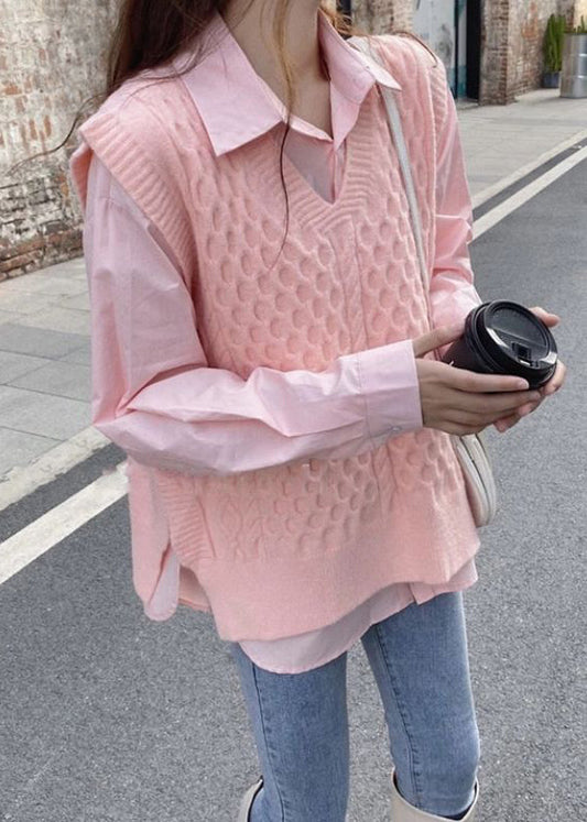 Pink Peter Pan Collar Shirts and Vest Knit Two Pieces Set Fall