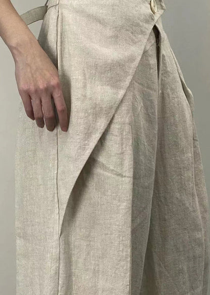 Original Design Apricot Pockets Patchwork Linen Wide Leg Pants Spring