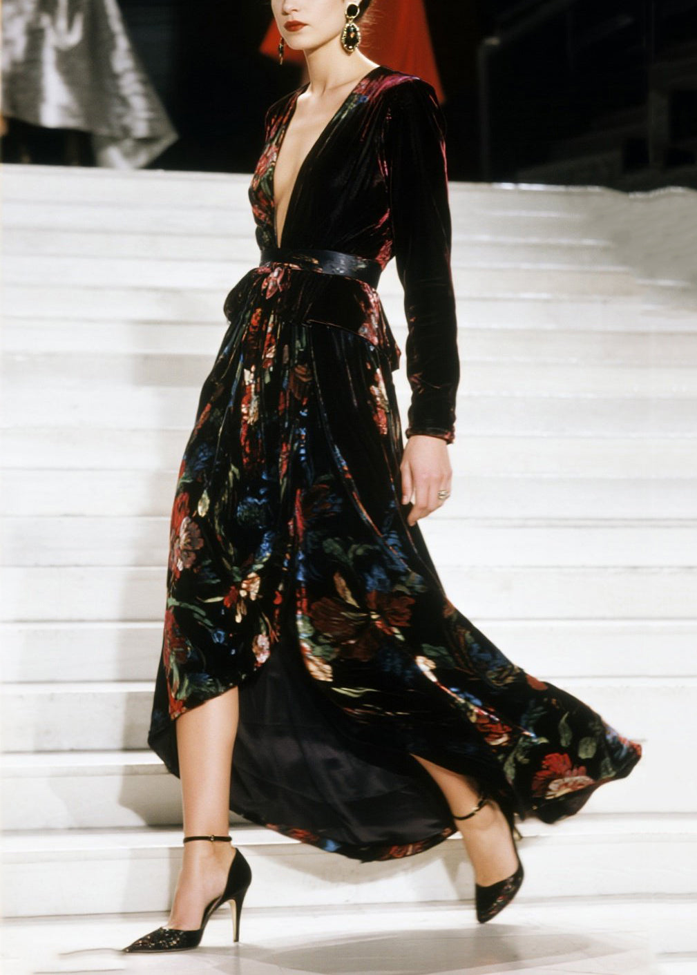 V Neck Asymmetrical Design Print Velvet Dress Fall