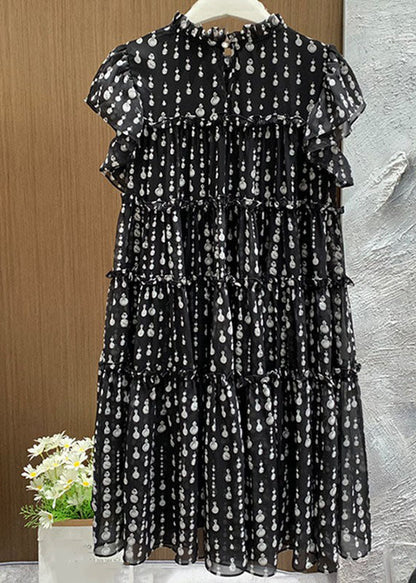 Black O-neck Ruffled Patchwork Dot Print Long Dress Short Sleeve