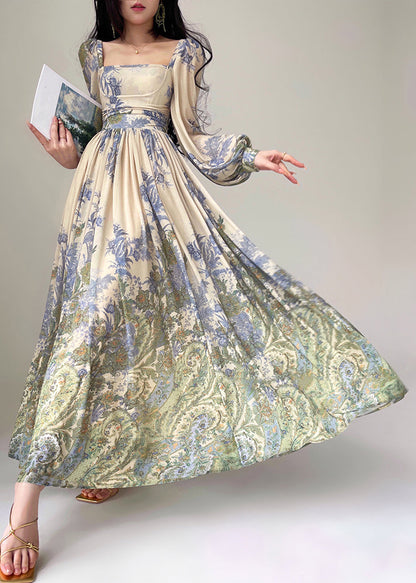 Classy Square Collar Print High Waist Tencel Chiffon Maxi Dress Spring