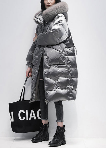 Italian Grey Zip Up Fur Collar Cotton Blend Hooded Coat Winter