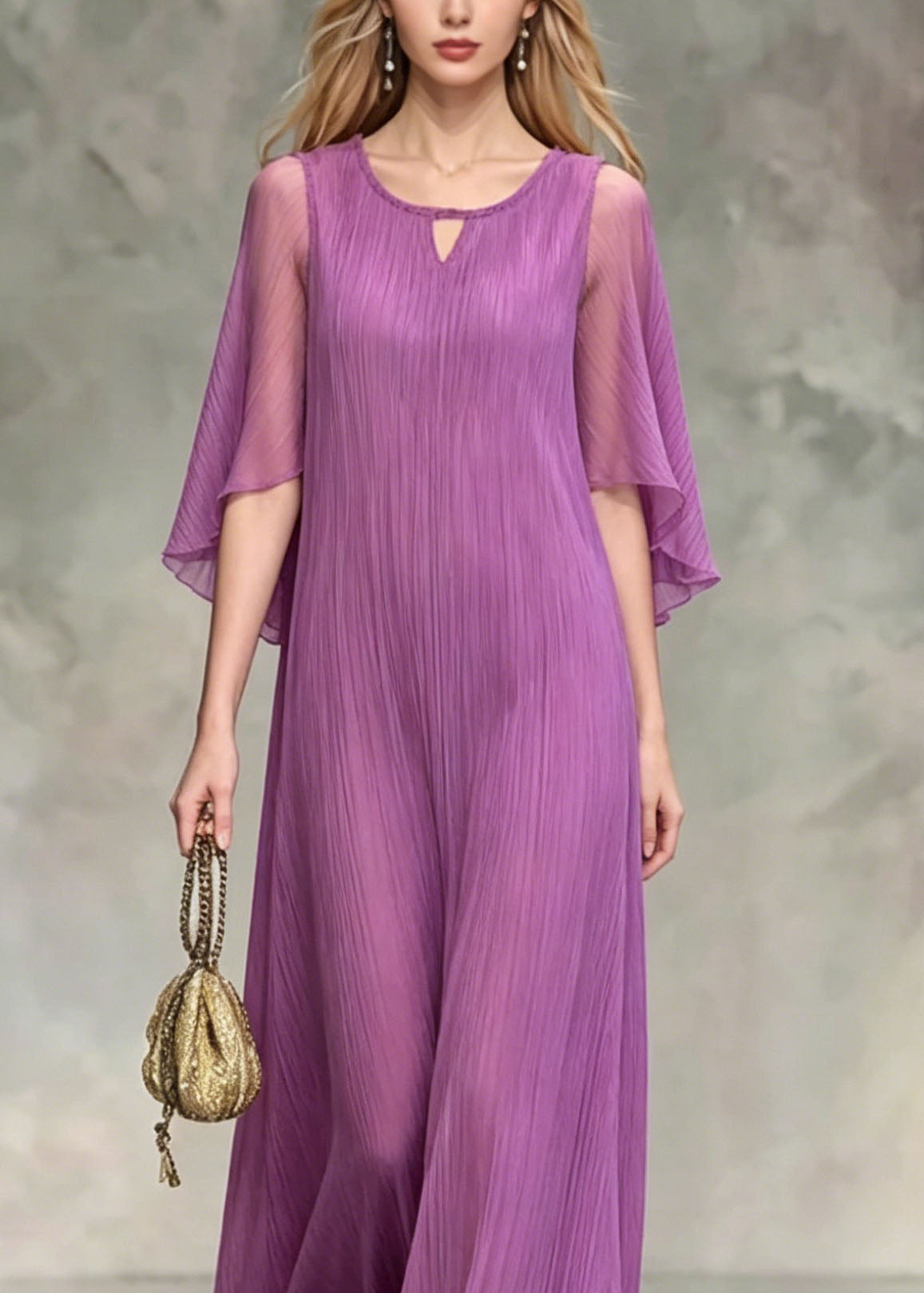 Lavender O Neck Silk Maxi Dress Summer