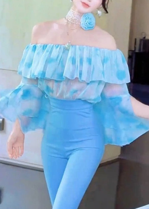 New Blue Slash Nneck Chiffon Shirts and Flare Bottoms Two Pieces Set Fall