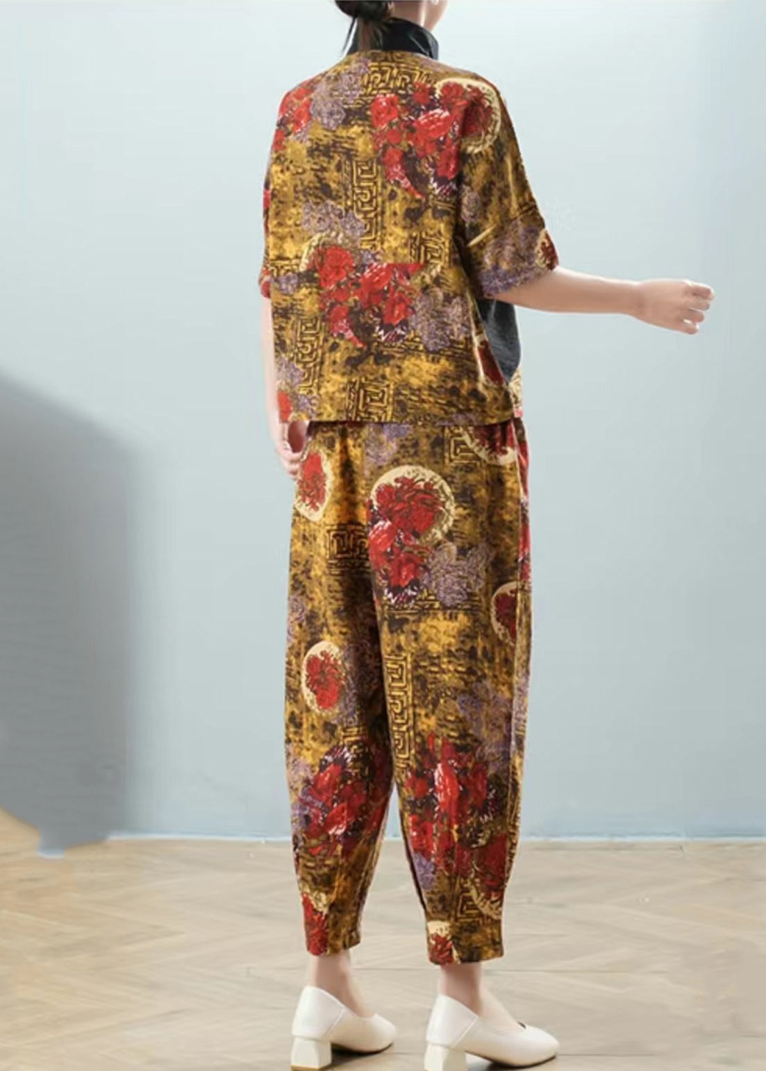 Unique Yellow Stand Collar Zippered Patchwork Shirt and Harem Pants Two Pieces Set Summer