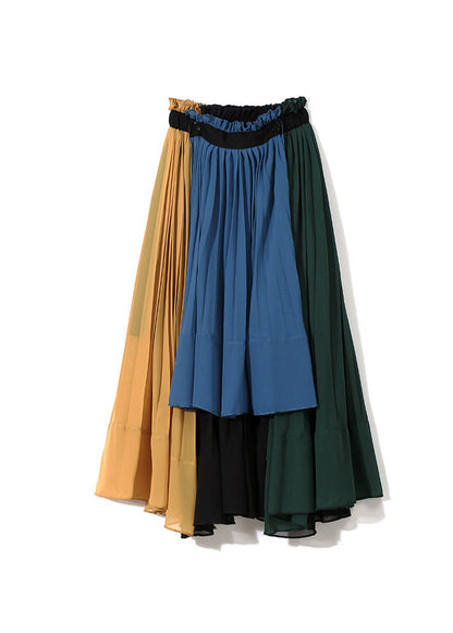 Colorblock Elastic Waist Patchwork Chiffon Pleated Skirt Spring