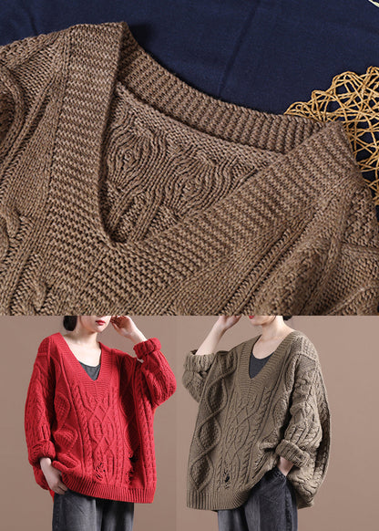 Khaki V Neck Cotton Knit Sweaters Fall