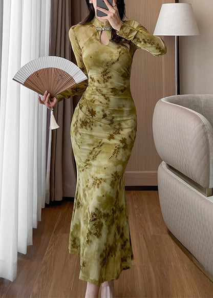 Purple Stand Collar Print Hollow Out Maxi Dress Fall