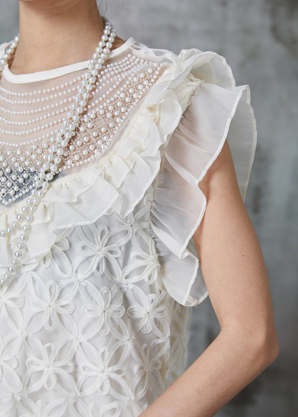 French White Stereoscopic Nail Bead Tulle Mid Dress Summer