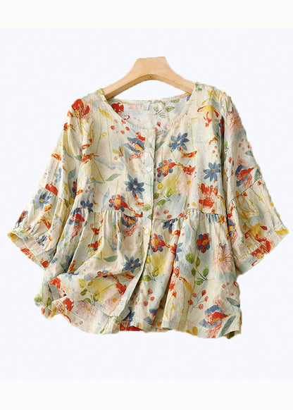 Italian Wrinkled Button Patchwork Linen T Shirts Summer