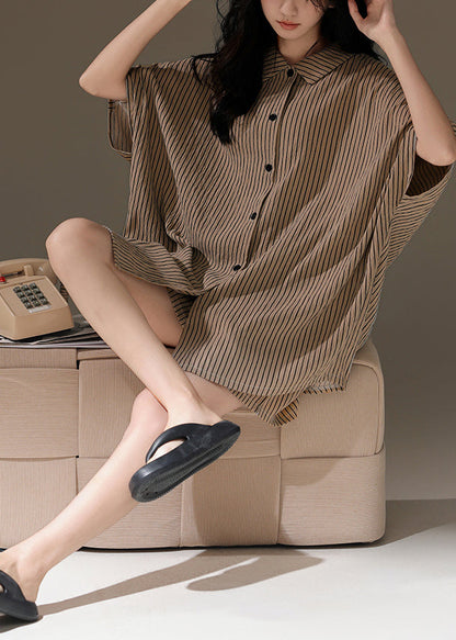 French Khaki Oversized Striped Cotton Two-piece Set Summer