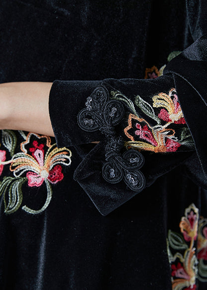 Black Embroideried Chinese Button Silk Velour 2 Piece Outfit Spring