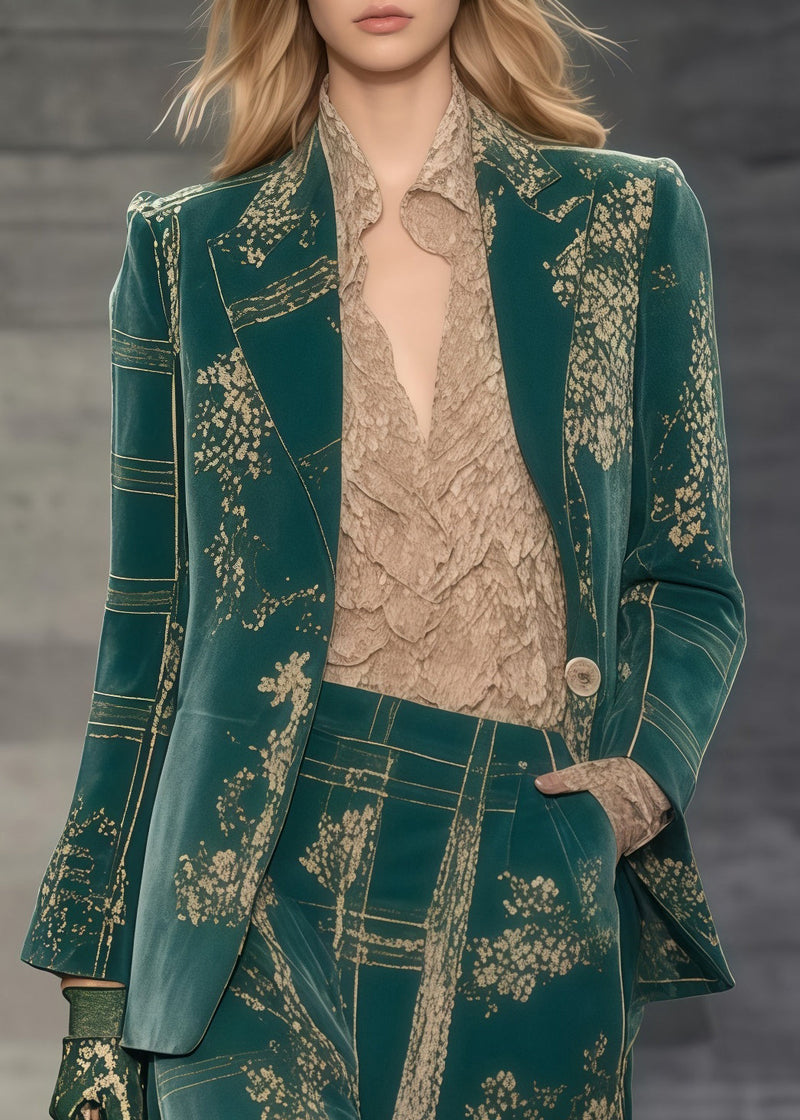 Green Oversized Print Spandex Coats and Straight Pants Two Piece Set Spring