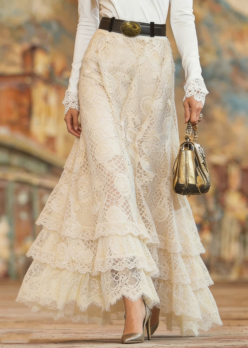Beige Elastic Waist Lace Maxi Skirt Spring