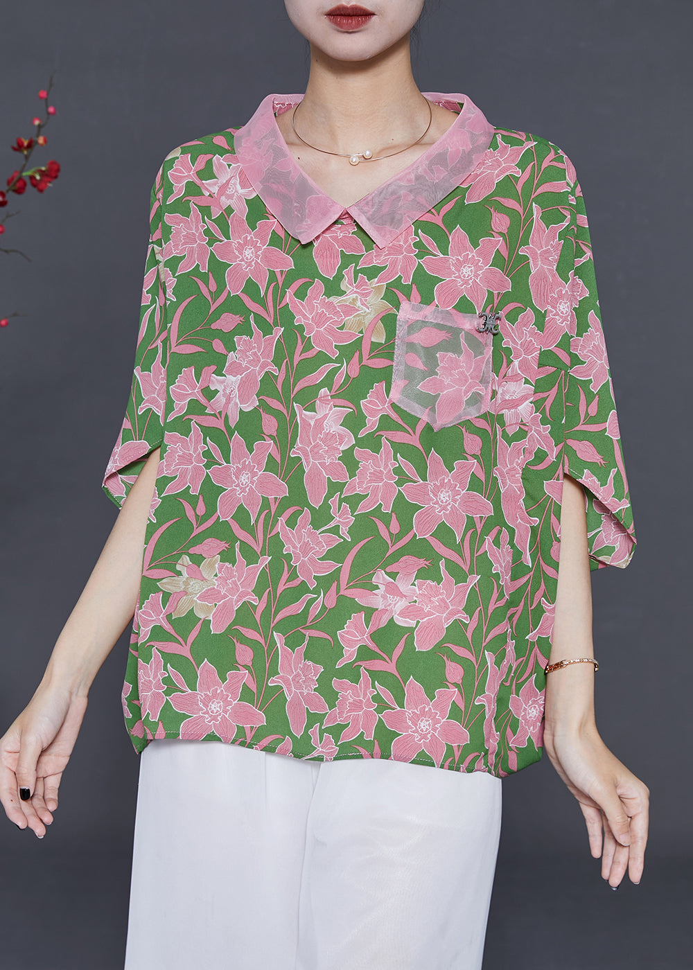 Green Oversized Print Chiffon Tops Batwing Sleeve