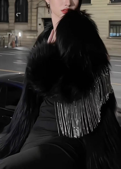 Black V Neck Tassel Patchwork Coats Winter
