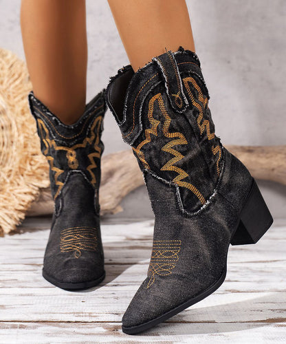 Black Embossed Boots Splicing Cowboy Chunky Boots