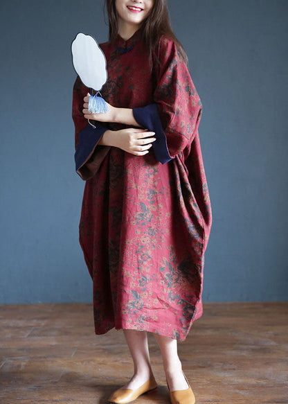 Red Print Chinese Style Cotton Long Dress Spring