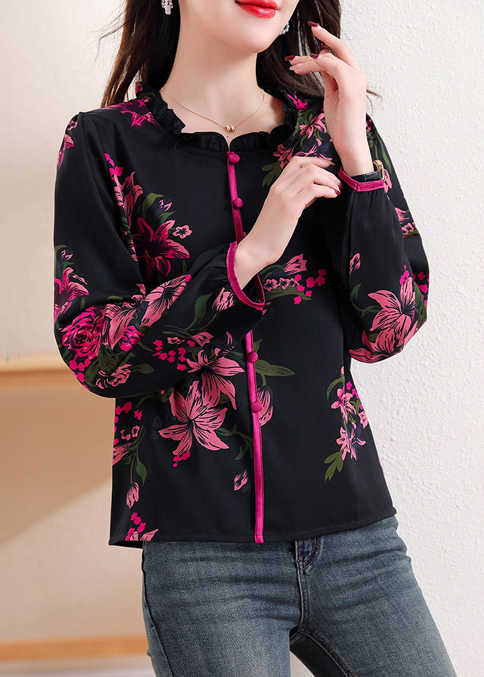 Black Ruffled Print Chiffon Top Long Sleeve