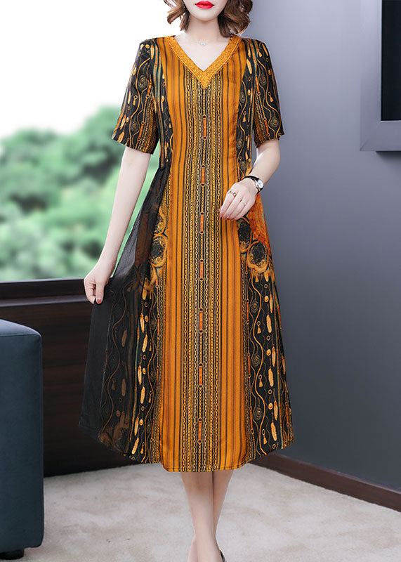 Vogue Yellow V Neck Striped Print Silk Dress Short Sleeve