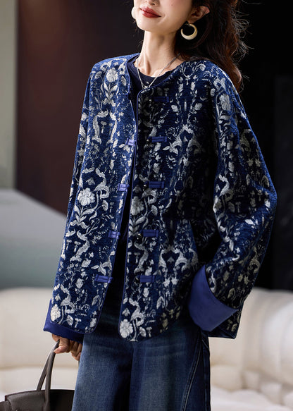 Blue O Neck Jacquard Oriental Button Cotton Coat Spring