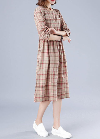 Natural Green Plaid Dresses O Neck Drawstring Knee Spring Dress
