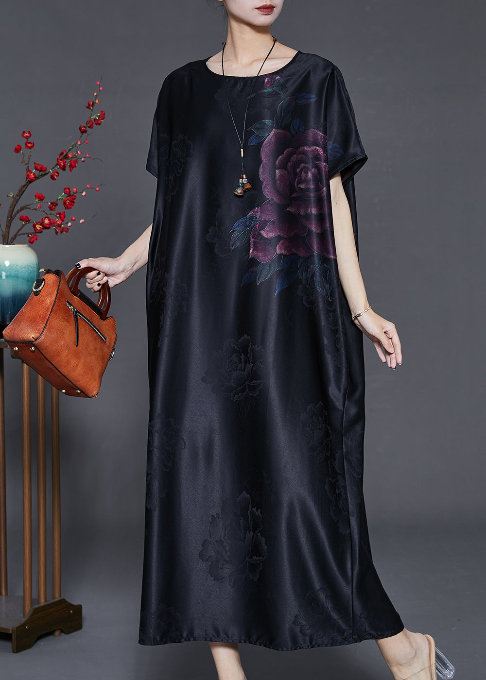 Black Oversized Jacquard Silk Long Dress Summer