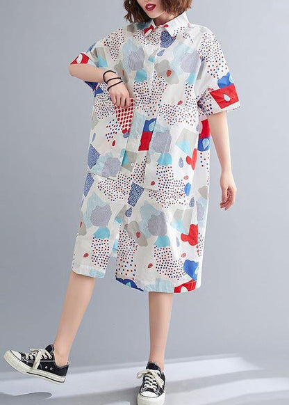 French Blue Print Cotton Long Shirts Summer Dress