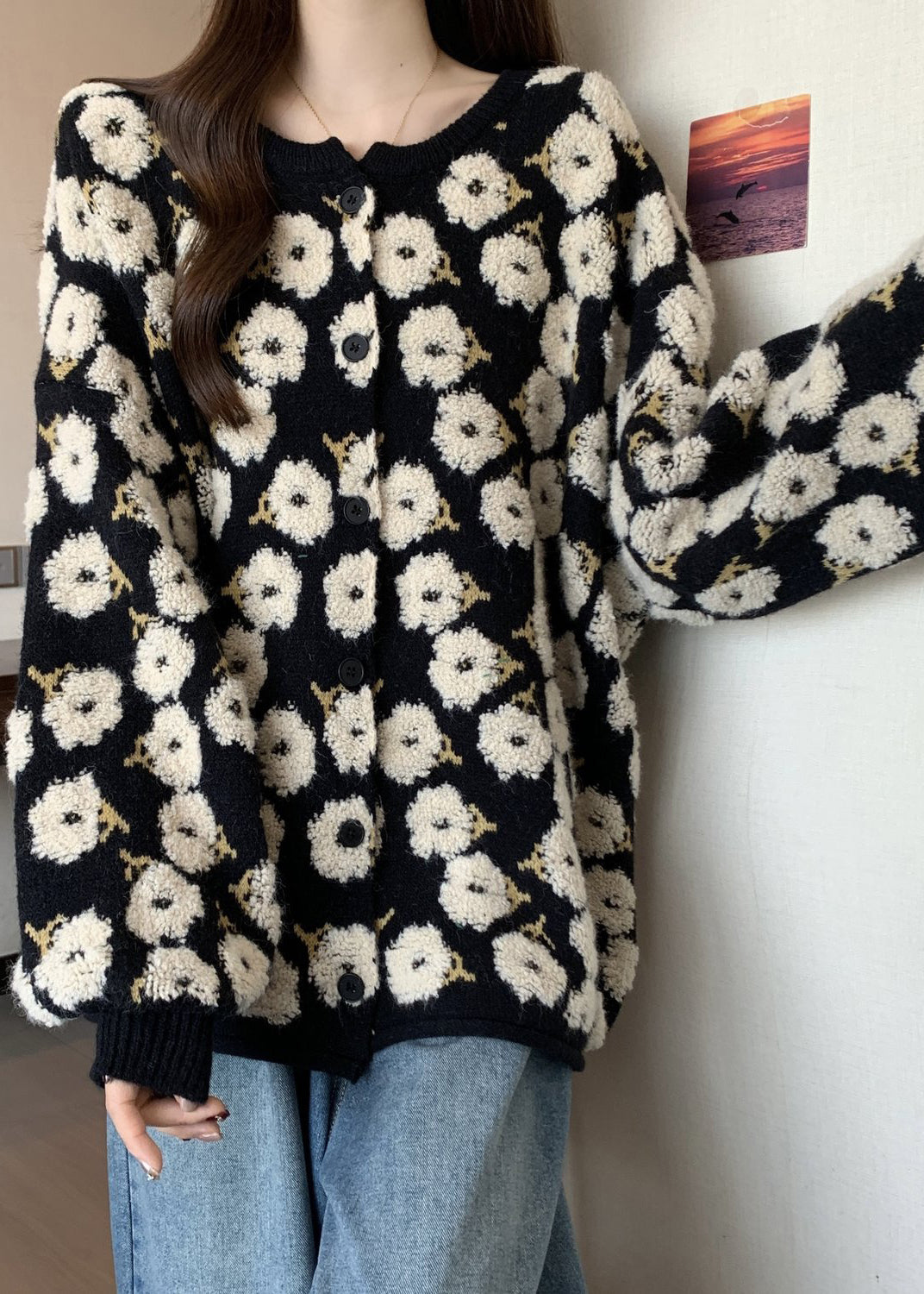 Black Embroidered Knit Loose Coat Winter