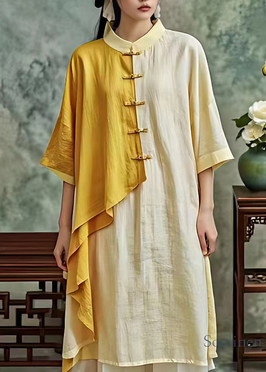 Light Yellow Patchwork Button Maxi Dress Fall